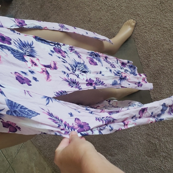 Shosho L off shoulder smocked upper peekaboo dual deep slits tropical maxi - Picture 3 of 9